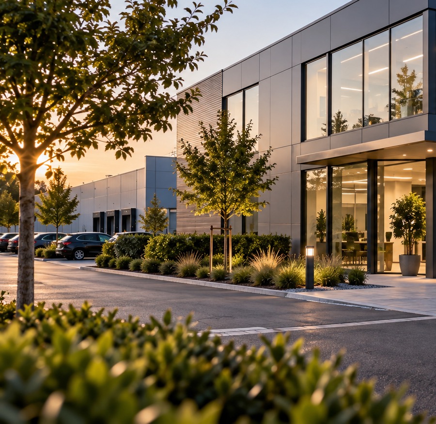 Gewerbehalle mit Verladetoren und Bürotrakt im Abendlicht