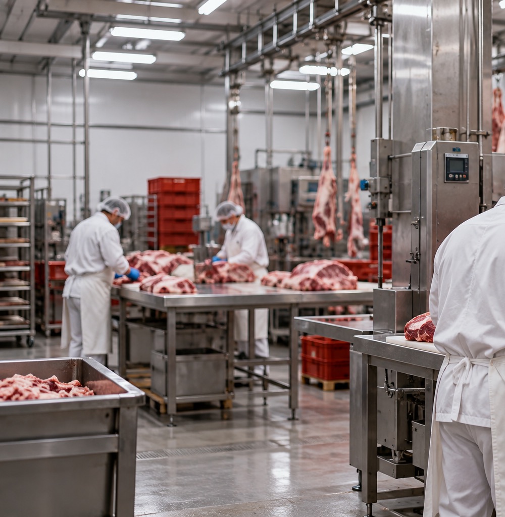 Produktionshalle eines Lebensmittelbetriebs mit Edelstahl-Arbeitsplätzen